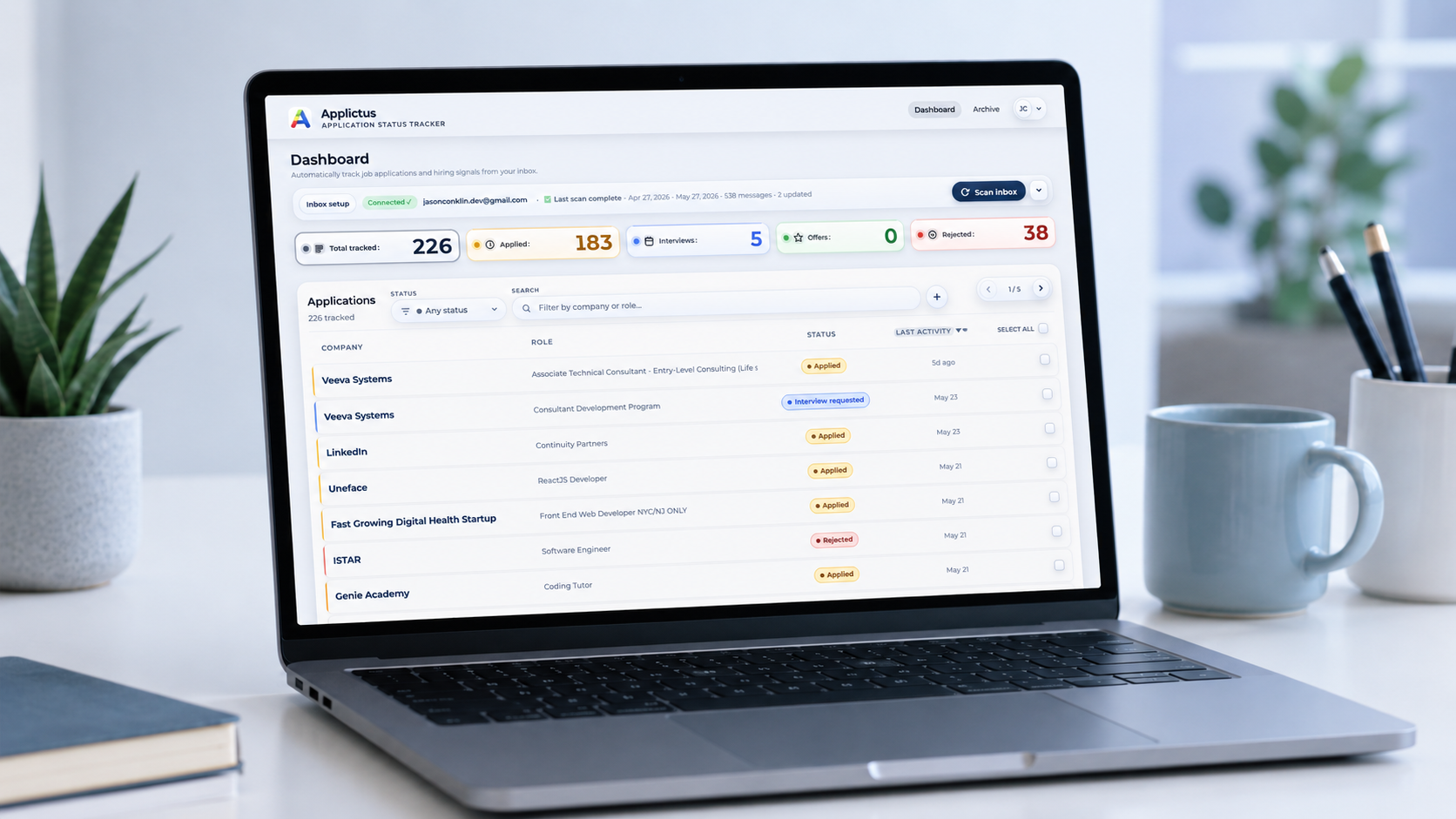 Application tracking dashboard showing job statuses, interviews, offers, and rejections