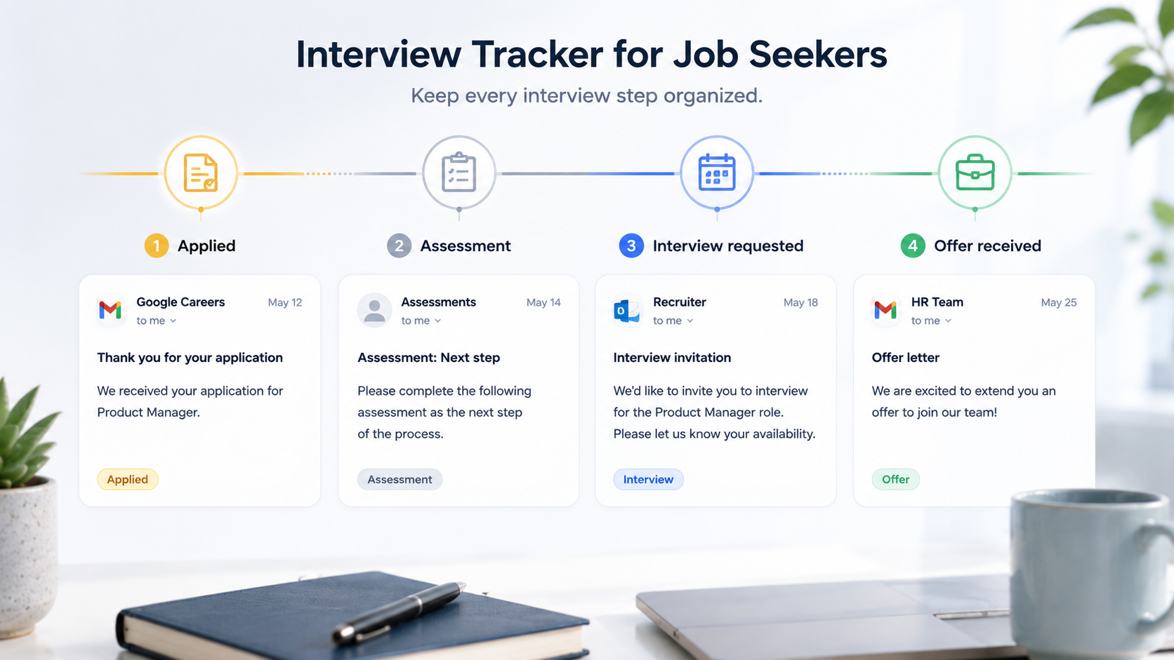 Interview tracker showing upcoming hiring steps and application status updates