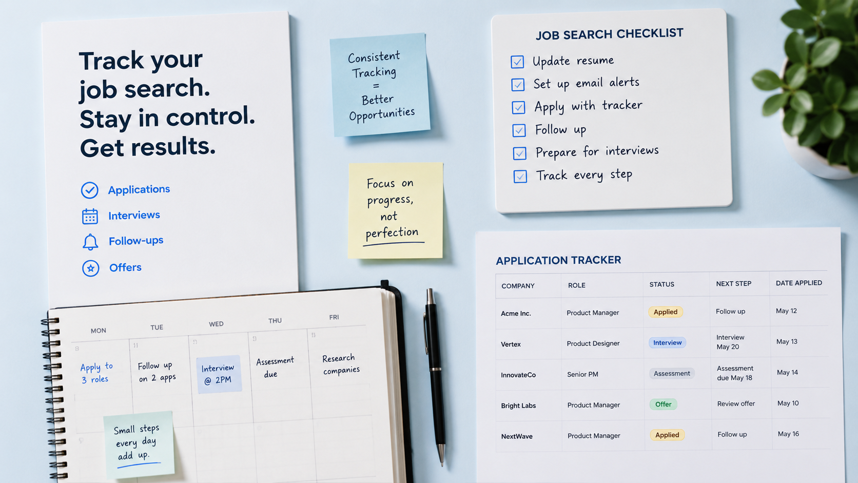 Organized job search workflow for tracking applications, follow-ups, and outcomes